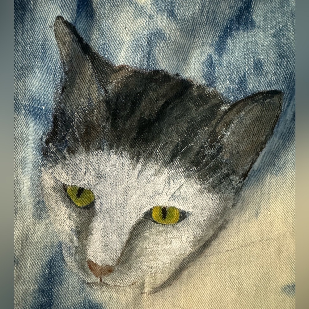 VTG 50s WRANGLER BLUE BELL DENIM SANFORIZED JACKET 34 Tie Dyed Hand Painted Cat - Picture 14 of 15